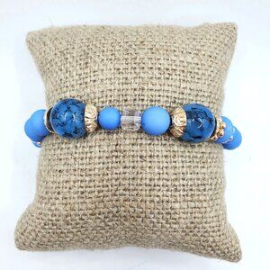 Blue Beaded Stretch Bracelet With Gold Accents & Faux Turquoise Design - 6.5 In